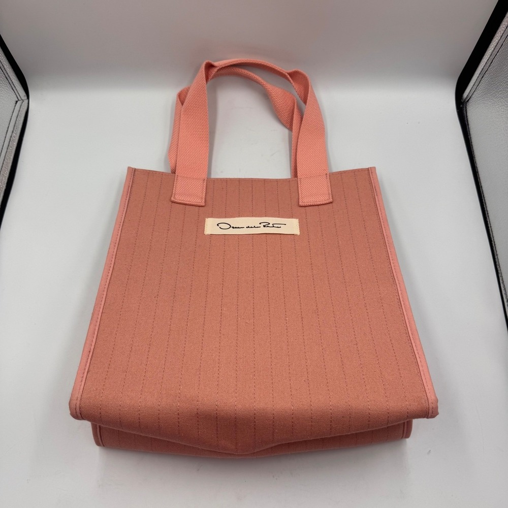 Oscar de la Renta Canvas Tote Bag Pink Pinstripe Stitch Logo Shopper Handbag